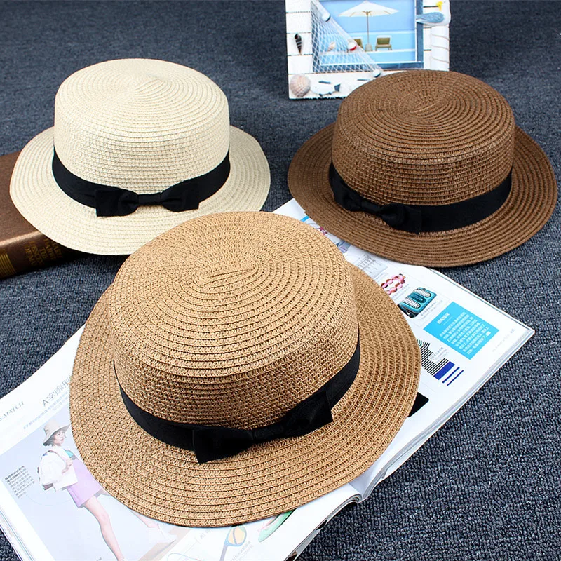 

2019 Summer Straw Hat Sunshade Bowknot Straw Plaited Flat Top Hat Sun Protection Beach Hat Leisure High Quality Simple Fashion