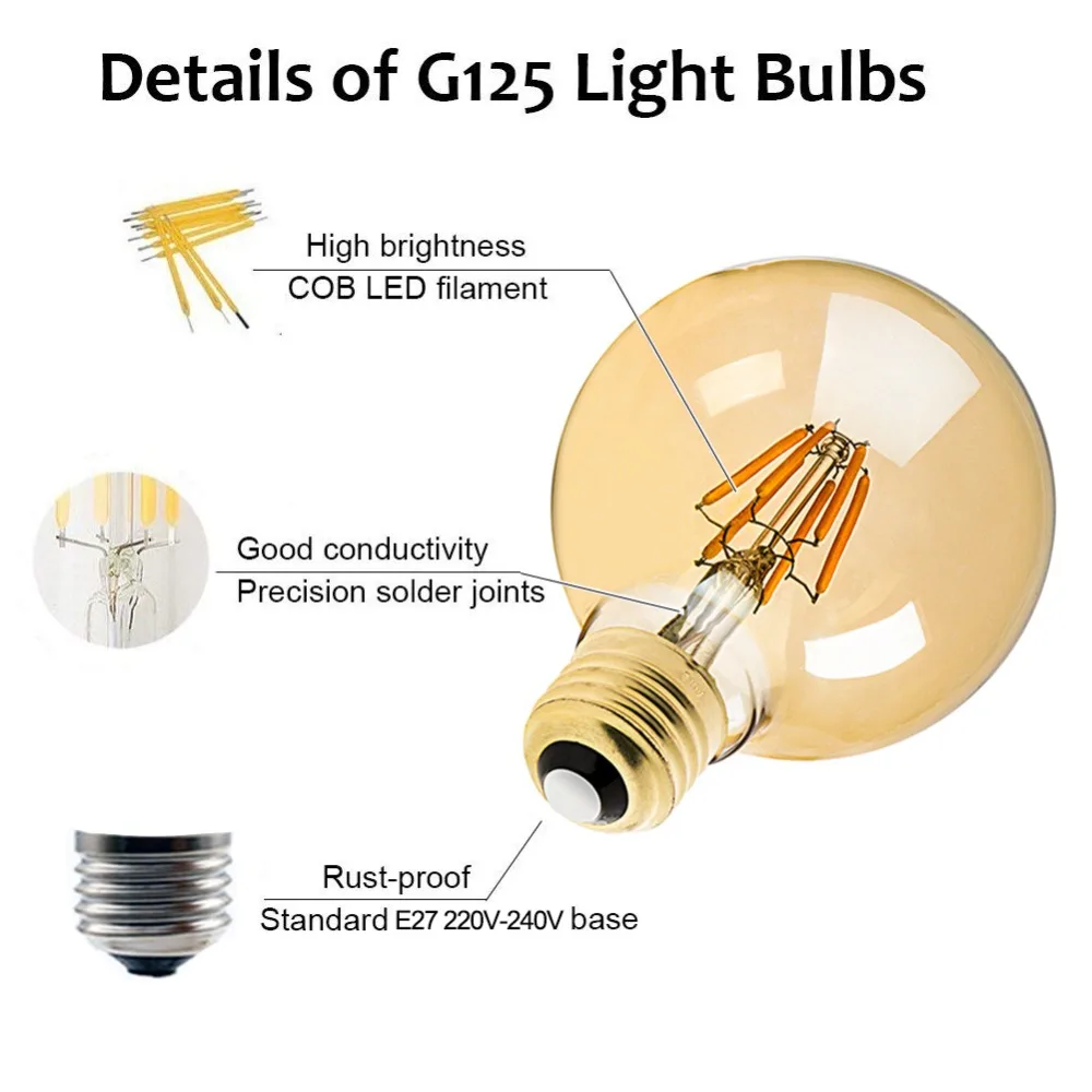 GANRILAND G125 светодиодный Большой нити Светодиодная лампа 4 Вт 6 Вт E27 Глобус теплые 2200K светодиодный Античная Edisn шарообразные 40/лампы накаливания 60 Вт эквивалент с регулируемой яркостью