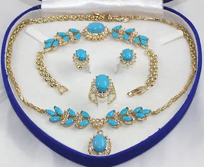 

Yellow Gold GP Inlay Turquoise Necklace Bracelet Earring Ring AA No box>>18K gold plated watch wholesale Quartz stone CZ crystal