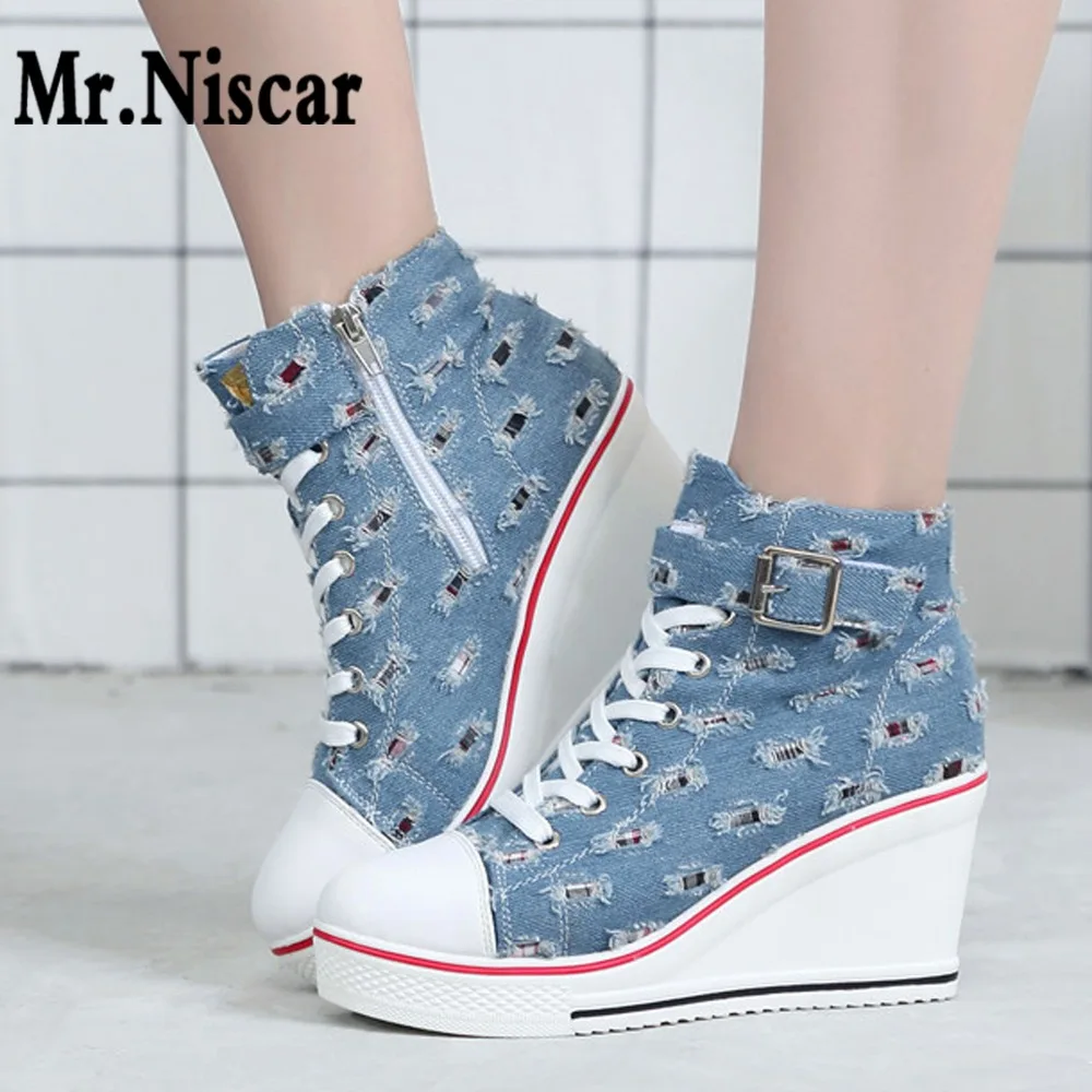 

Women Wedges Causal Shoes Increase Height Woman Breathable Platform Denim Canvas Shoes Hidden Wedge Sneakers Zapatillas Mujer