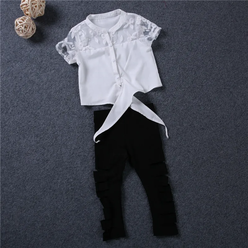 Yorkzaler Одежда для девочек набор кружева топы с короткими рукавами+ черные штаны с дырками 2 шт. детская одежда летняя одежда для малышей наряды дропшиппинг
