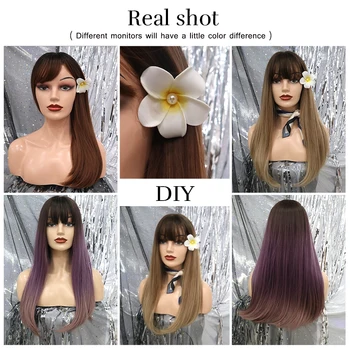 Element 22 inch Long Synthetic Wig with Bangs High Density Dark Root Natural Headline Heat Resistant Hair Wigs for Women 3 Color 2