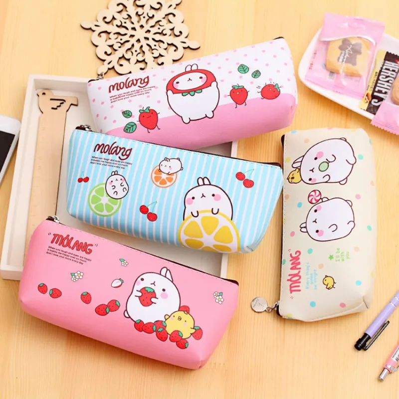 Cute Molang Rabbit Pencil case for girls Kawaii PU Leather stationery