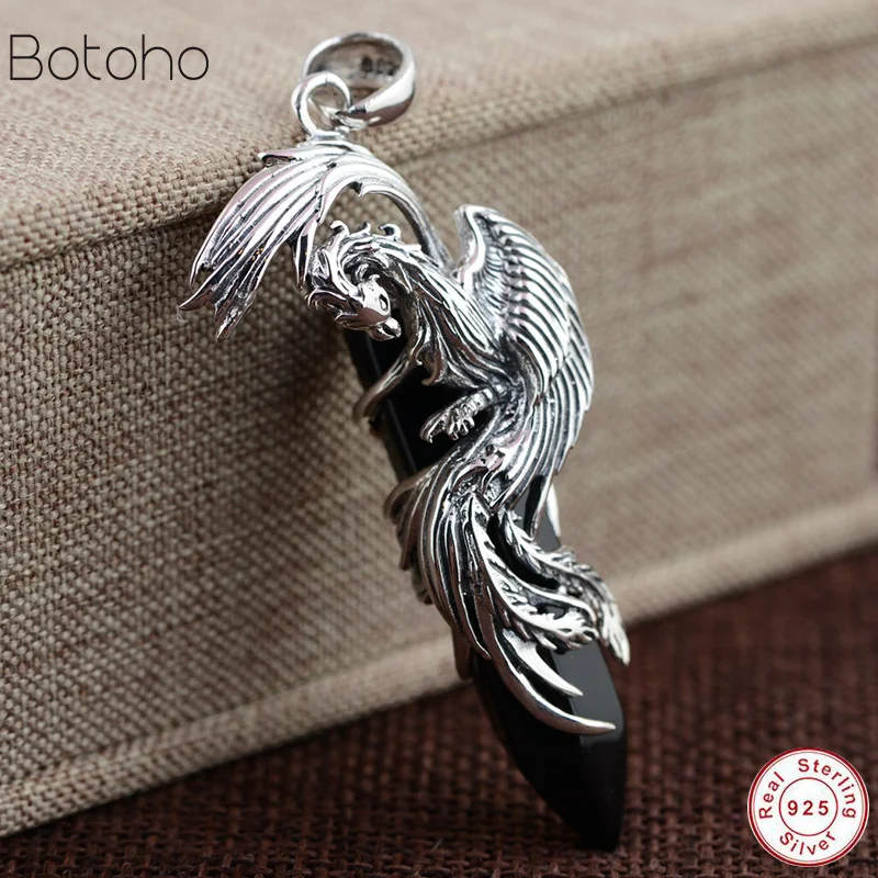 

2019 New 925 Silver Phoenix Pendant 100% Pure S925 Solid Thai Silver Natural Black Stone Pendants for Women Men Jewelry Making