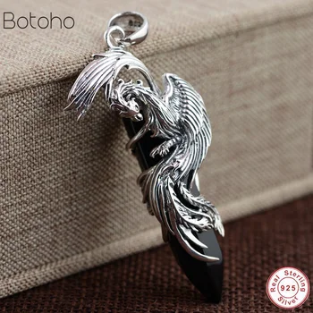 

2019 New 925 Silver Phoenix Pendant 100% Pure S925 Solid Thai Silver Natural Black Stone Pendants for Women Men Jewelry Making