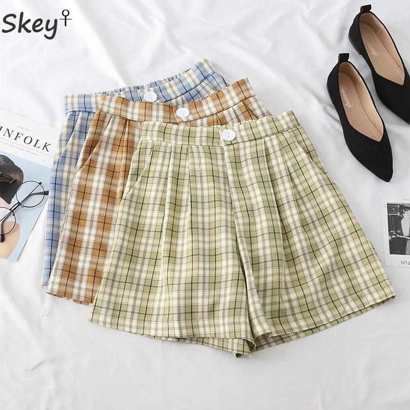 

Buttons Zipper Plaid Hot Shorts Summer Women 2019 Elegant Straight Leg Shorts Elastic Waist Office Ladies Casual Vintage Shorts
