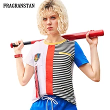 Женский сезон: весна–лето короткий рукав Футболка Дамская мода полосатый модного цвета, в стиле пэчворк, футболки Высокое качество Свободная верхняя одежда с О-образным вырезом Q811