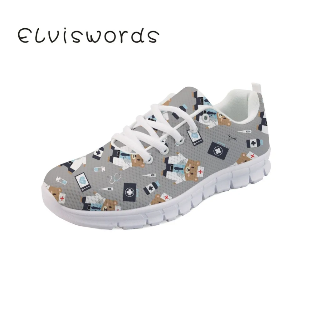 

ELVISWORDS Women Vulcanize Shoes Flats Animal Print Sneakers Cute Cartoon Doctor Bear Nursing Spring Lace-up Scarpe Donna