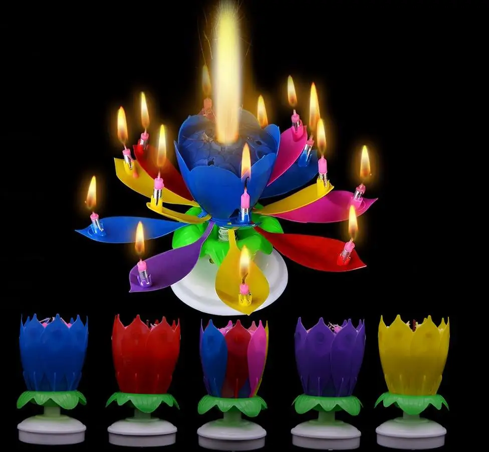 Musical Birthday Candle Magic Lotus Flower Candles Blossom Rotating Spin Party Candle 14Small