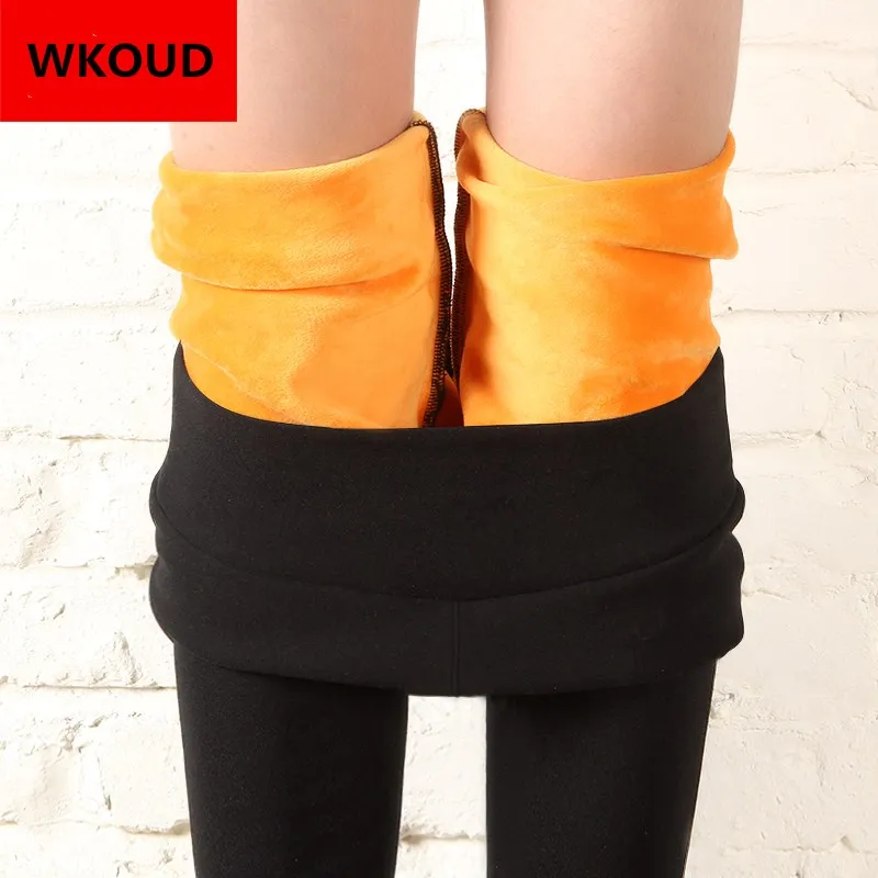 WKOUD سراويل شتوية المرأة سميكة الدافئة اللياقة البدنية طماق الذهب يجز أحمق طماق الإناث نحيل أسود يغطي الرجل السراويل P8496