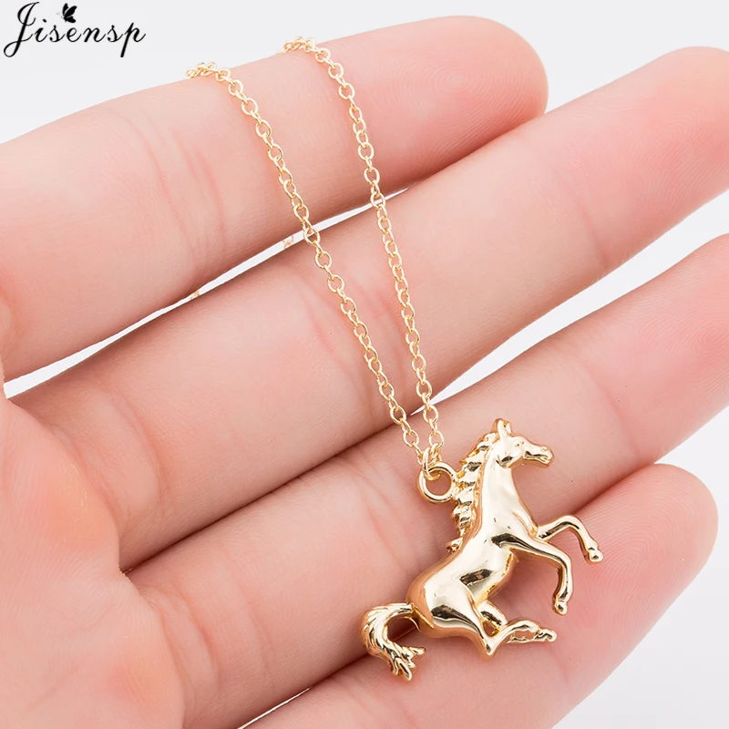 Jisensp Women Vintage Silver Color Collier Cool Opal Horse Pendants Necklace for Girls Gift New Horseshoe Animal Wedding Jewelry