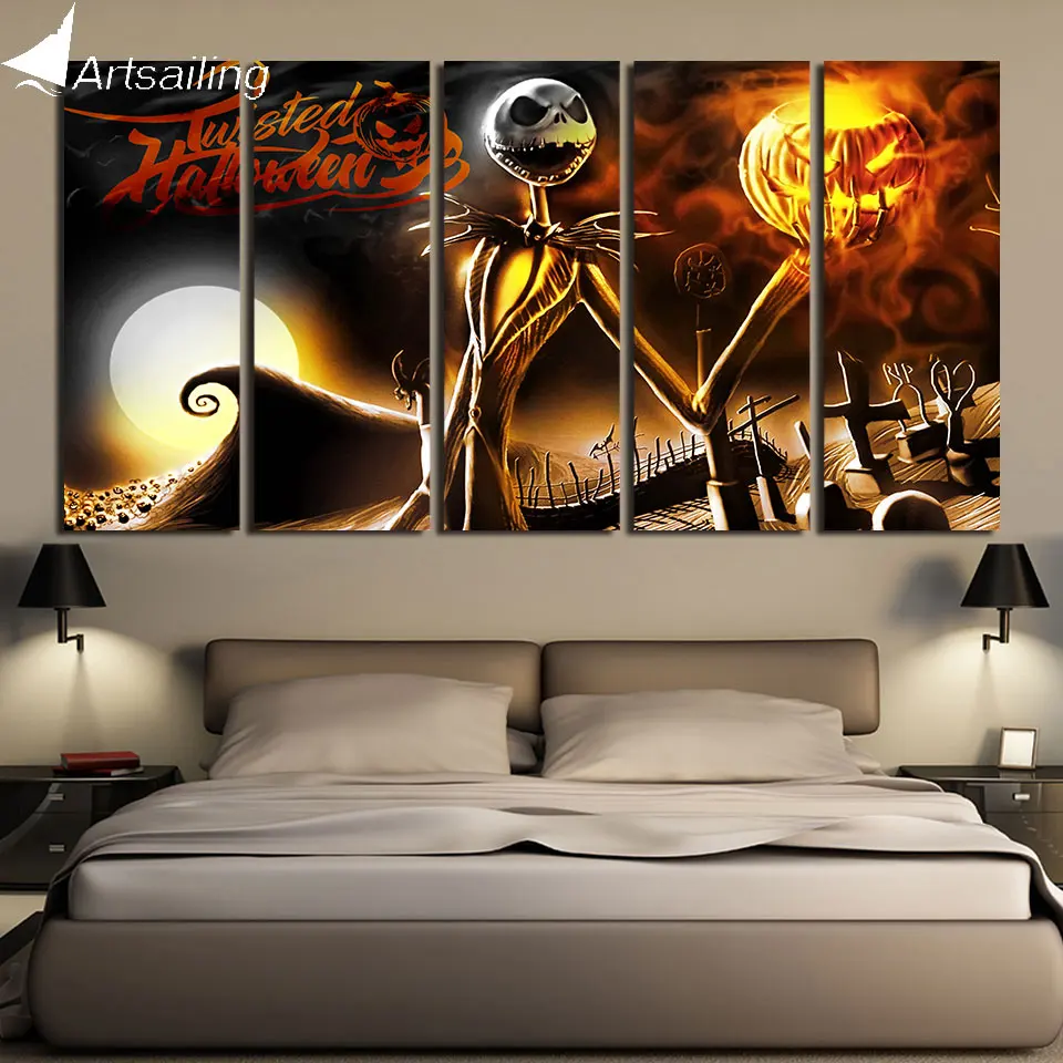 

HD 5 Pieces jack the pumpkin king Painting Canvas Wall Art Picture Halloween Home Decoration Living Room Canvas Print Painting