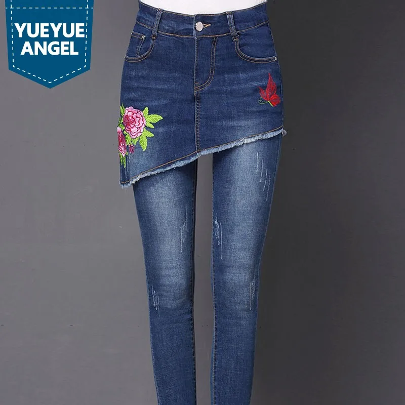 

Embroidery Women Long Pants Skirt Streetwear Fashion Female Trousers Ripped Jeans Denim Large Size Flower Black Blue
