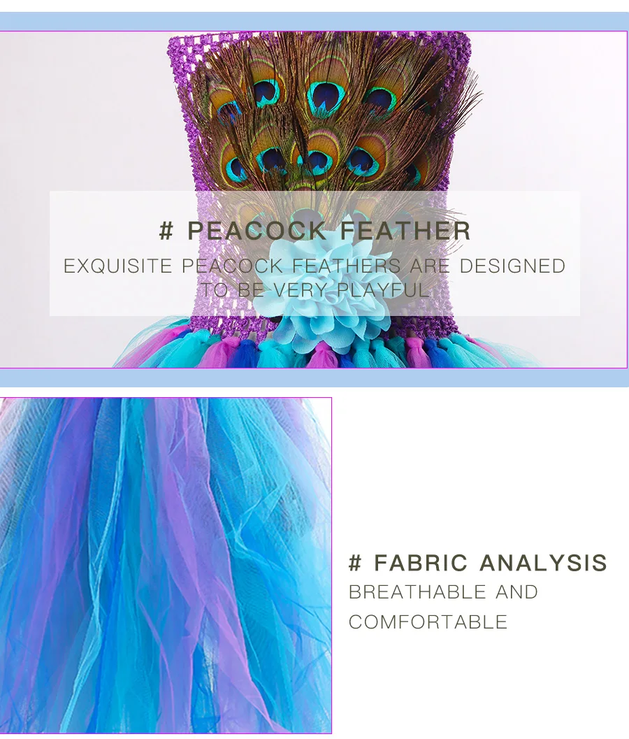 Peacock Feather Flower Girl Tulle Tutu Dress Pageant Wedding Halloween Costume Kids Birthday Party Purim Couture Dress (13)