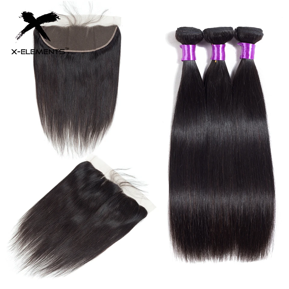 X-Elements Peruvian Straight Hair Bundles with Frontal Natural Color Non Remy Human Hair Weave with 13x4 Lace Frontal (3)