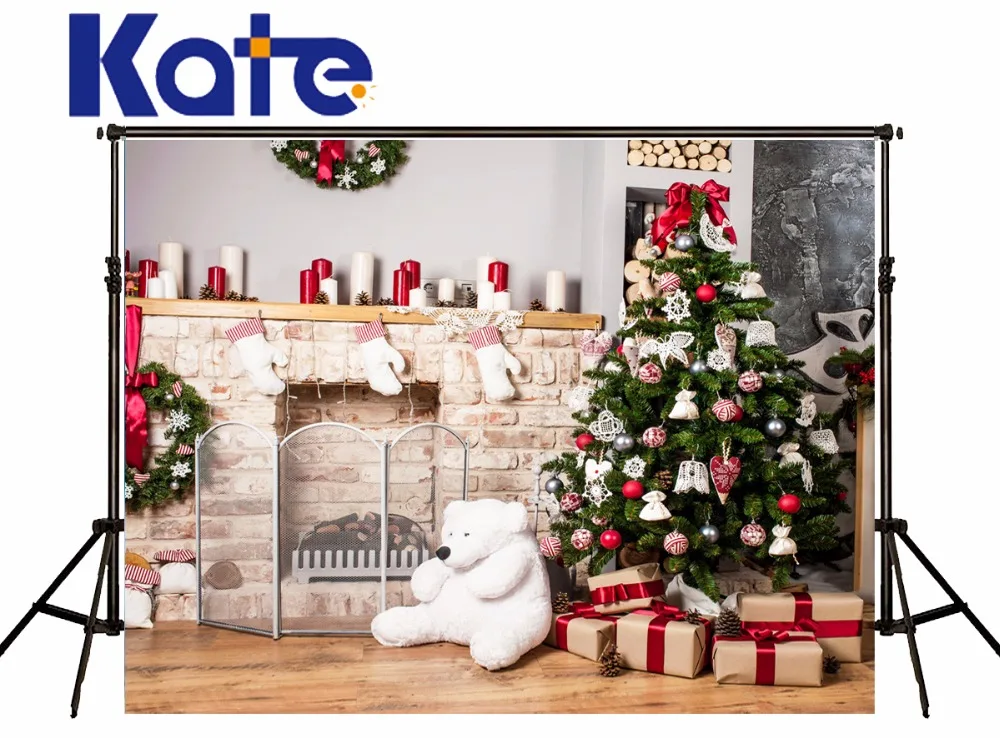 

Kate Christmas Indoor Backdrops photography Christmas Tree Bear Photographie Background Brick Wall Fireplace for Photo Studio