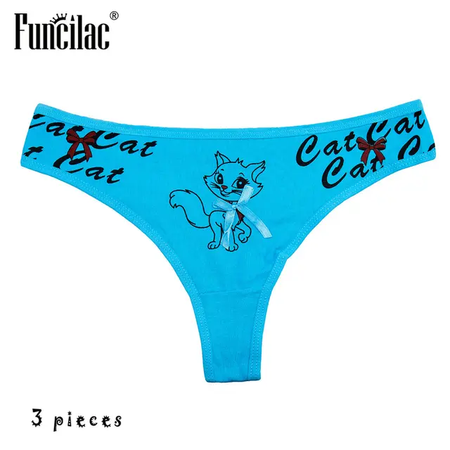 FUNCILAC Underwear Women Cartoon Kitty Thongs Cotton Sexy G Strings