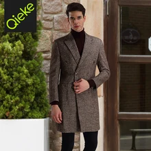 Бренд Clothing2017 Осень Зима 40% Шерсть моды для мужчин шерсть коричневый плед двойной брестед мужчины длинные куртки мужчины slim fit пальто