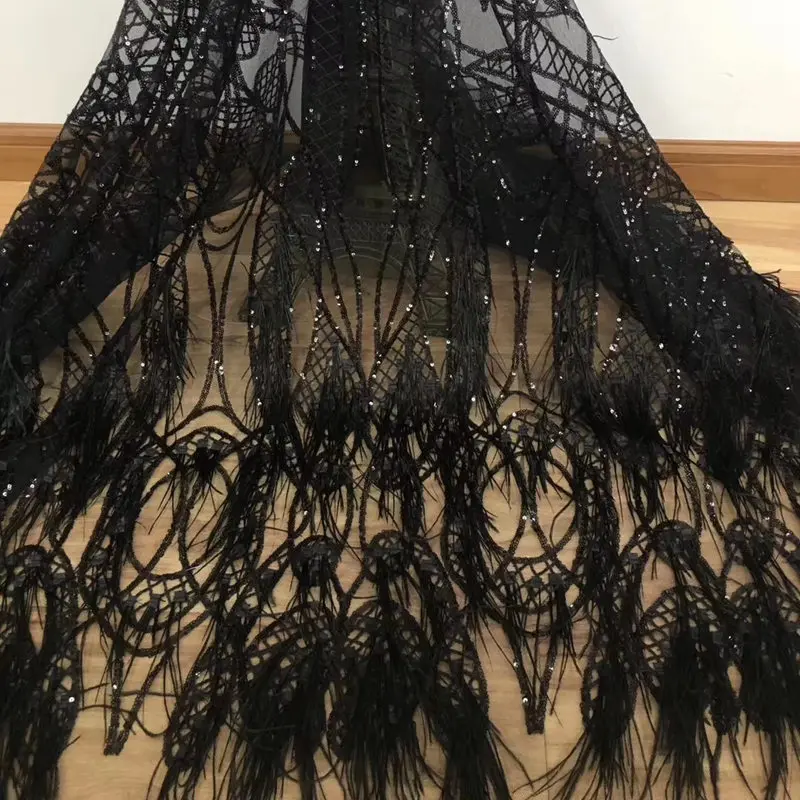 

black sequin fabric nigerian french lace with feather high quality lace fabric tissu dentelle trim dentelle et broderie RG342