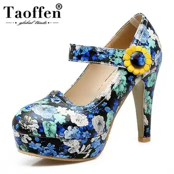 

TAOFFEN Women Shoes Women Sandals Print Flowers High Heeled Shoes Thin Heels Platform Casual Fashion Footwear Plus Size 31-48
