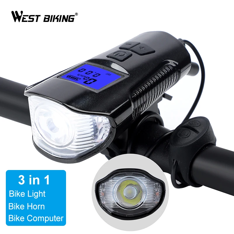 

WEST BIKING Waterproof Bike Headlight Electric Horn Cycling Lamp Bike Computer 1500mAh USB Rechargeable MTB Road Bicycle Light
