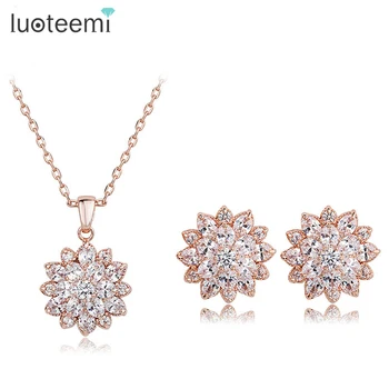 

LUOTEEMI Wholesale New Arrival 2015 Wedding Jewelry Sets Rose Gold-Color Flower Cut Necklace/Earrings For Sexy Women