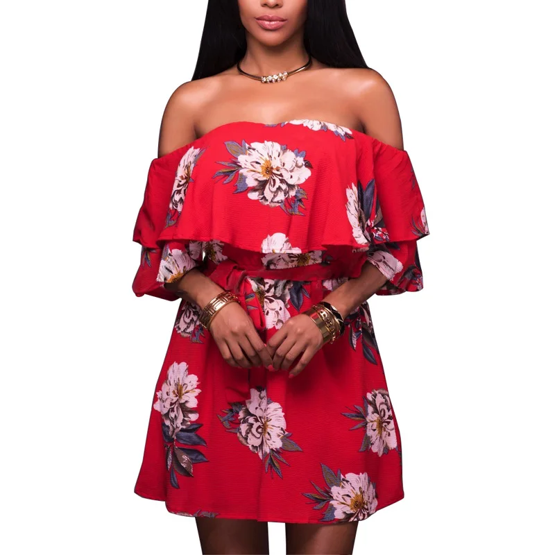 Summer Red Floral Dress Ruffle Neck Off 