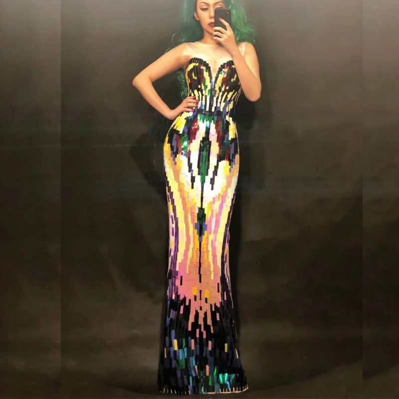 

Colorful Sequins Long Dress Women'S Evening Party Wear Luxurious Stretch Prom Birthday Celebrate Female Singer Nightclub DN2241