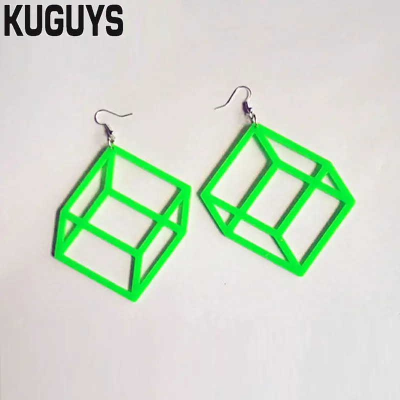 KUGUYS, акриловые геометрические кубические Висячие серьги для женщин, Brincos, гипербола, неоновые серьги, женские трендовые ювелирные изделия, Pendientes Oorbellen - Окраска металла: Green