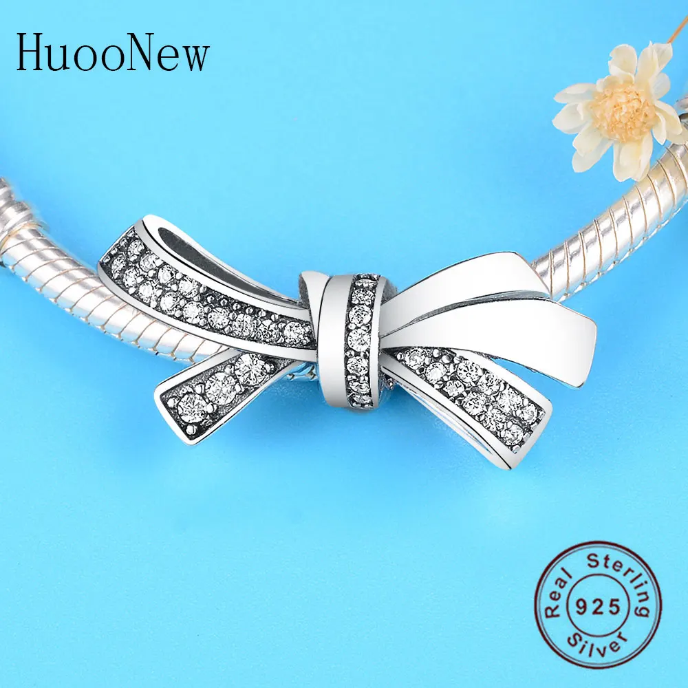 Прозрачный CZ галстук бант бусины подходят к оригиналу Pulseira Pandora Подвески Весна браслет стерлингового серебра 925 ювелирные изделия для женщин подарок