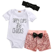 Комплект из 3 предметов, хлопковый топ с надписью для новорожденных девочек, боди с короткими рукавами+ брюки с блестками+ повязка на голову, комплект летней одежды