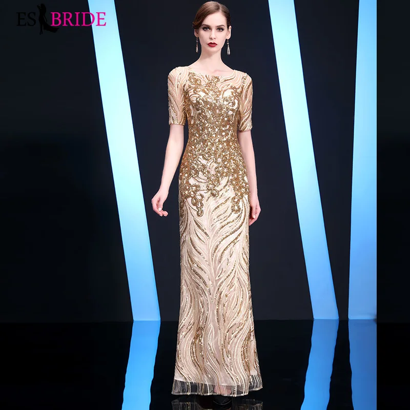 

Gorgeous Gold Fashion Evening Dresses 2019 New Arrival Long Party Gowns with Ruffles Sexy Formal Wedding Guest Gowns ES1376