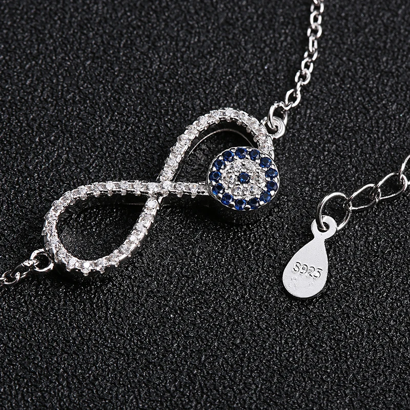 ELESHE 925 Sterling Silver Chain Link Women Bracelet Bangle Blue Rhinestone Lucky Eye&Infinity Charm Bracelet for Women Jewelry