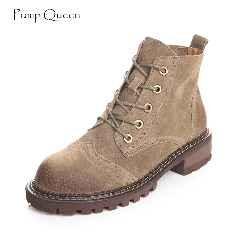

PumpQueen 2018 Autumn New Fashion Motorcycle Boots Women Round Toe Med Heels Ankle Boots Pig Suede Solid Martin Boots Female