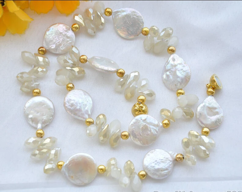 

z5141 20mm white COIN FRESHWATER PEARL faceted crystal NECKLACE 19inch