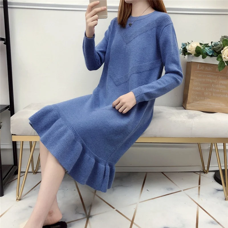 chic Winter Black Sweater Dress Women O-neck Long Sleeve Mid-Calf thick Knit Dress bodycon female slim girl short dress