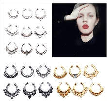 15 шт. в наборе, Хрустальная кликер, поддельная перегородка для женщин, зажим для тела, обруч, винтажное Золотое кольцо для носа, искусственный пирсинг, ювелирные изделия для тела