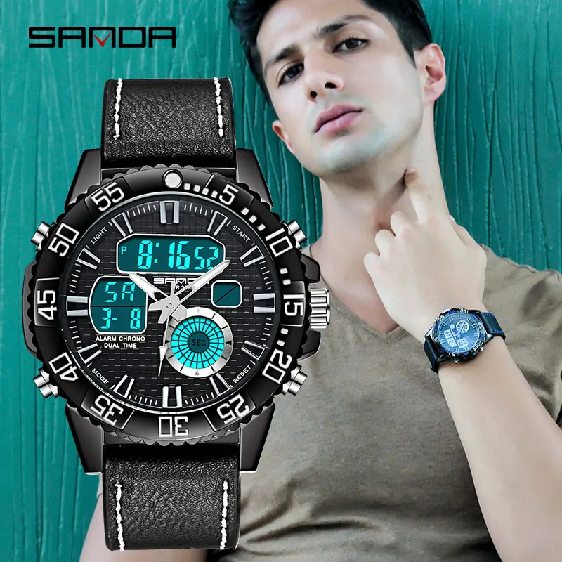 

SANDA Luxury Brand Men Analog Digital Leather Sports Watches Men's Army Military Watch Man Quartz Clock Relogio Masculino 771