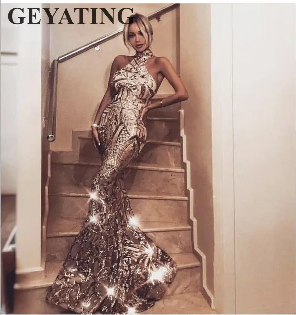 Arabic Gold Sequins Mermaid Evening Dress Long 2019 Elegant Off Shoulder Halter Women Formal Dress Party Prom Dresses in Stock