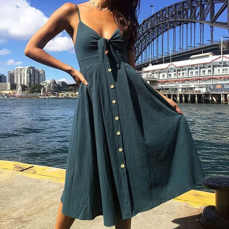 

Sexy Bow Backless Polka Dots Print Beach Summer Women 2019 Cotton Deep V Neck Buttons Red White Off Shoulder Midi Dresses CE3506