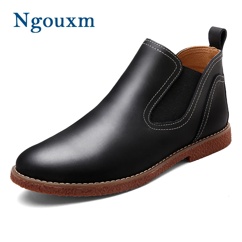 

Ngouxm Ankle Boots Men Spring Autumn Handmade Sewing Leather Men's Chelsea Boots Slip On Round Toe Black Solid Man Flat Boots