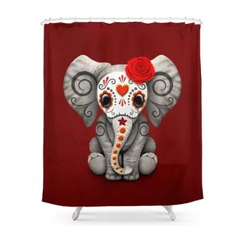 

Deep Red Day Of The Dead Sugar Skull Baby Elephant Shower Curtain Waterproof Polyester Fabric Bathroom Decor Multi-Size