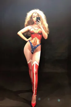 

2020 Wonder Woman Sexy Jumpsuit Nightclub Party Performance Celebration Dancer Singer Stage Wear Costumes 3D Printing Bodysuit