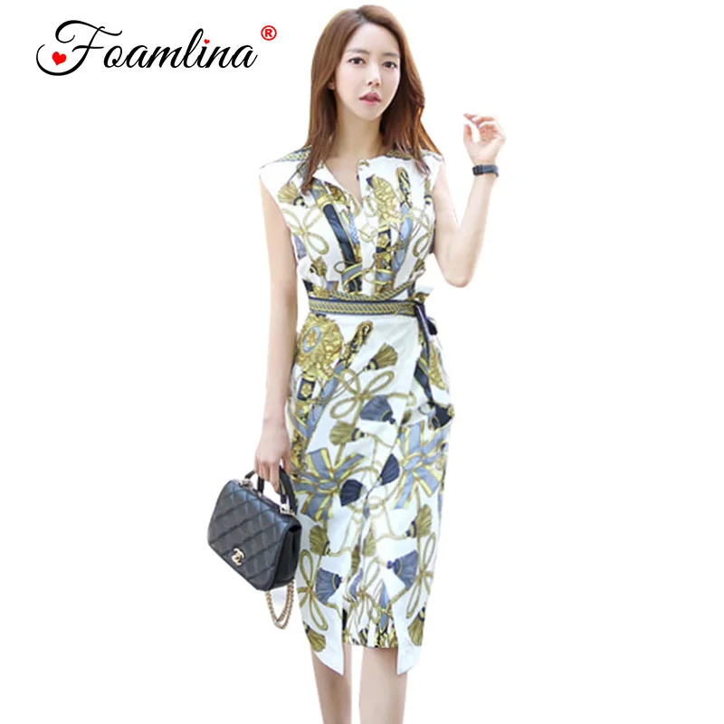 

Foamlina Summer Dress 2018 New Women Korean Style Print Bodycon Dress Sleeveless Office Lady Casual Work Business Pencil Dress