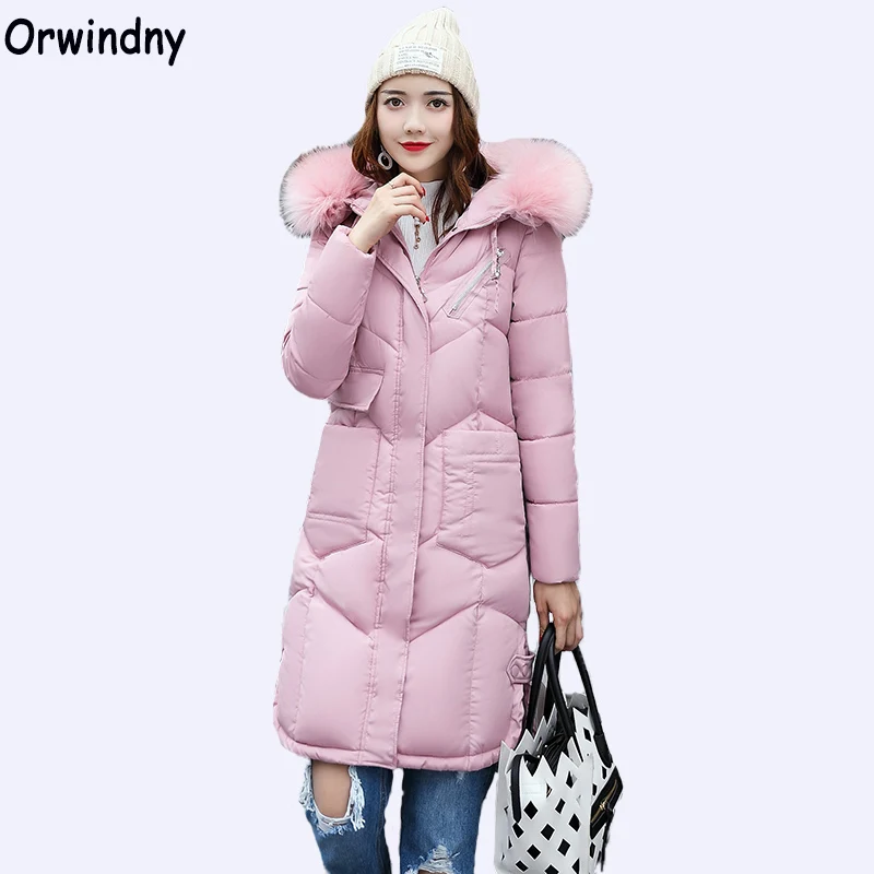 Orwindny 2018 New Arrival Pink Winter Jacket Women Fur Collar Hooded