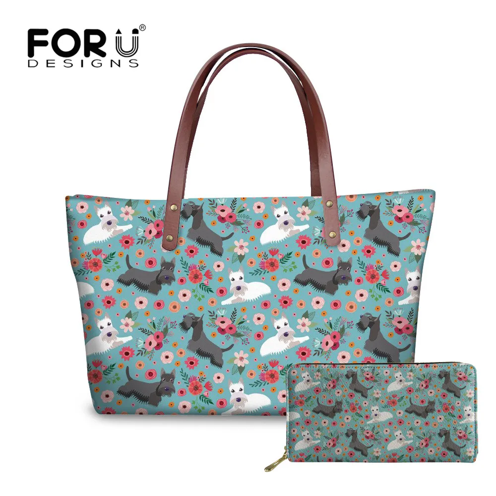 

FORUDESIGNS 2pcs/set Women Bag Scottish Terrier Flower Handbag Casual Shoulder Bag 2019 Summer Tote Bag Ladies Bolsa Feminina