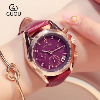 

Ladies Fashion Luxury Brand GUOU Watch Women Quartz Analog Date Clock Female Leather Waterproof Sport Watches Relogio Feminino