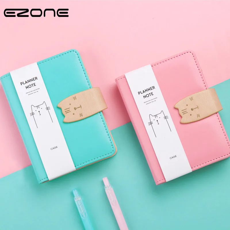 

EZONE Cute Candy Color Notebook PU Cover Printed Kawaii Cat Note Book Coil Spiral Notepad Travel Journal planner Stationery Gift