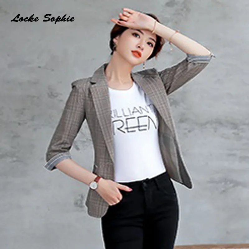 Women's Plus size Blazers coats 2019 Summer cotton plaid Middle sleeve Slim fit Small Suits jackets ladies Skinny Blazers Suit