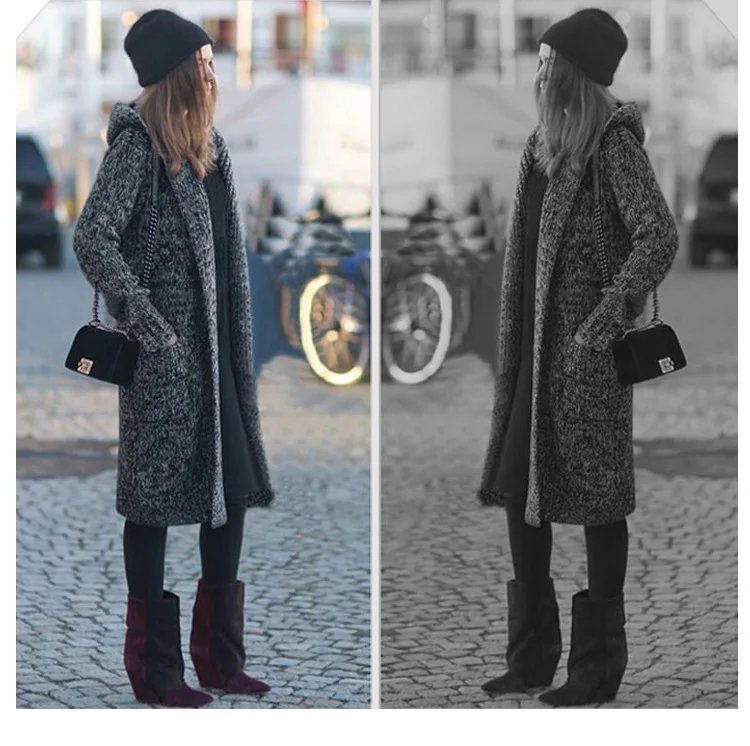В Европе и США большой ярдов длинный утолщение вязаный кардиган свободный женский свитер с капюшоном пальто